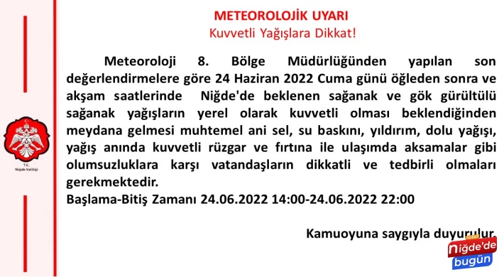 Niğde için gök gürültülü sağanak uyarısı