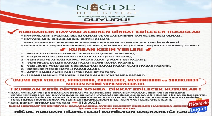 NİĞDE BELEDİYE BAŞKANLIĞINDAN KURBAN DUYURUSU