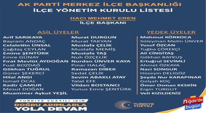 AK Parti Niğde Merkez İlçe Yönetim Kurulu Listesi belli oldu.