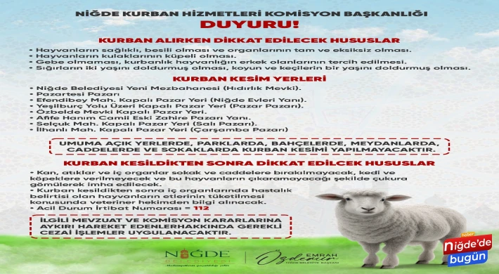 NİĞDE’DE KURBAN KESİM YERLERİ BELİRLENDİ