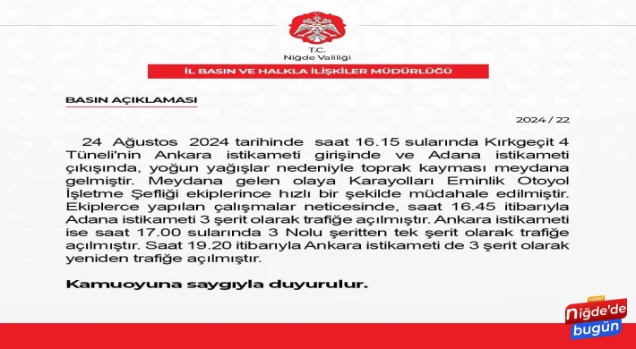 Niğde'de Kırkgeçit 4 Tüneli'nde toprak kayması nedeniyle ulaşım kısa süreli aksadı