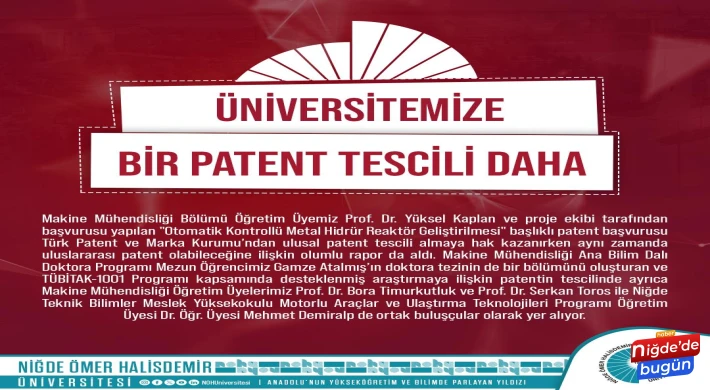 NÖHÜ’ye Bir Ulusal Patent Tescili Daha