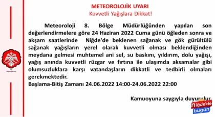 Niğde için gök gürültülü sağanak uyarısı