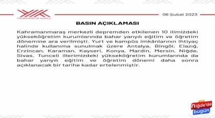 İçinde Niğde'nin de bulunduğu 12 ilde daha yükseköğretime ara verildi