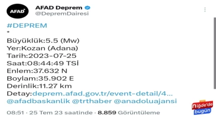 Adana'da 8.44'de meydana gelen 5.5 şiddetindeki deprem Niğde'de hissedildi.